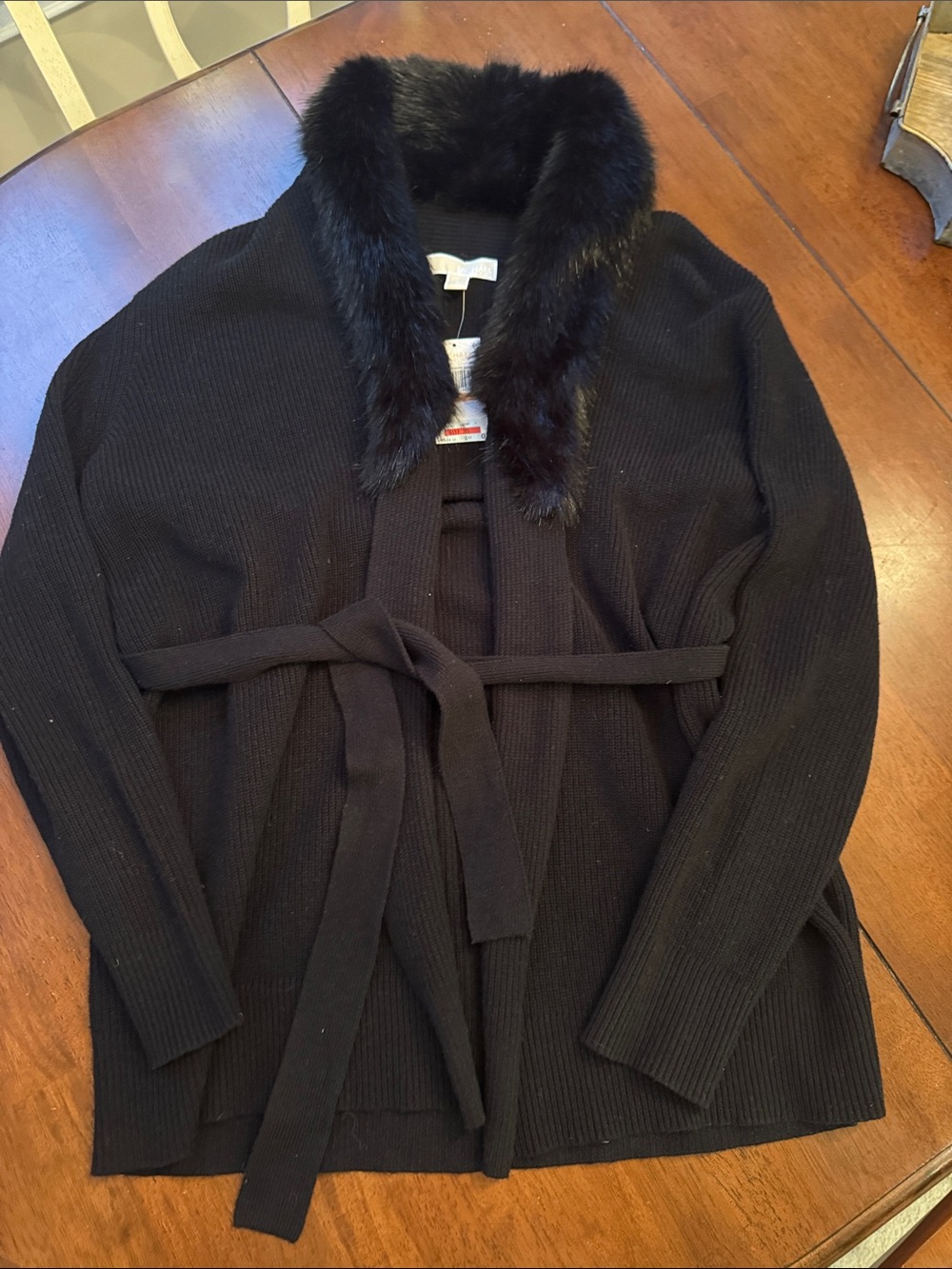 MICHAEL Michael Kors Black Faux Fur Collar Belted Cardigan